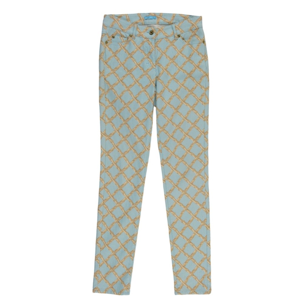 J.McLaughlin Pants Womens Size 0 Blue Tan Bamboo Trellis Slim Leg Stretch Skinny
